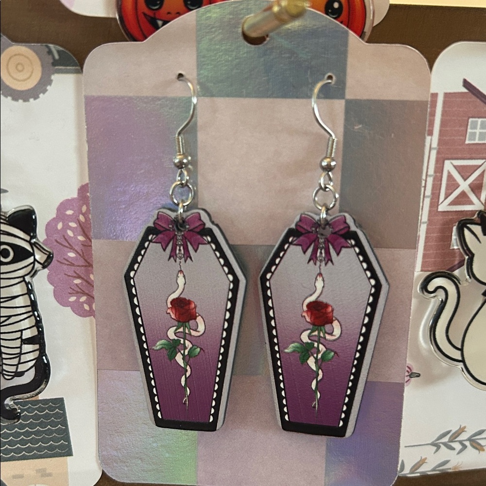 Coffin Earrings with Snake & Rose Design
